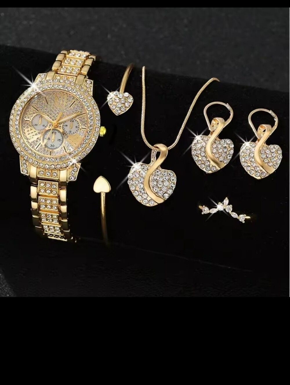 Gold-Tone Crystal Set with Wrist Watch, Bracelet, Ring, Earrings and Necklace.